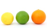 Free orange, lemon, lime, white background photo, public domain fruit CC0 image.