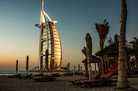 Free Burj Al Arab at sunset photo, public domain travel CC0 image.