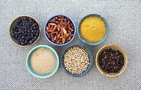 Free flat lay view of seeds in bowls photo, public domain food CC0 image.