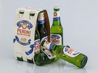 Peroni beer bottles in a pack, location unknown, date unknown
