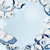 Snow butterfly frame background, blue watercolor design