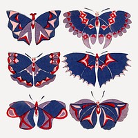 Colorful butterfly, Japanese woodcut, drawing illustration vector set