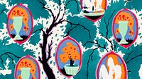 Art deco nature desktop wallpaper, vintage colorful art nouveau background