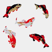 Art deco carp fish sticker, red clip art vector set