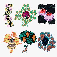 Nature clip art, vintage art deco design element vector set