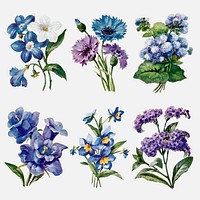 Watercolor flower stickers, vintage illustration vector set, digitally enhanced from our own original copy of The Open Door to Independence (1915) by Thomas E. Hill.