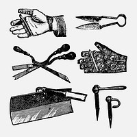Farm tool clip art, vintage animal black ink illustration, vector set, digitally enhanced from our own original copy of The Open Door to Independence (1915) by Thomas E. Hill.