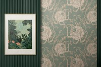 Frame and green wall with Art Nouveau wallpaper interior 
