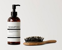 Shampoo pump bottle, brown product packaging, with hair brush