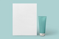 Blue skincare tube, blank paper, product packaging, beauty business branding design