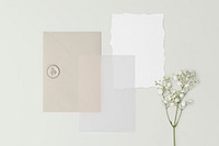 Aesthetic wedding invitation cards, flat lay design