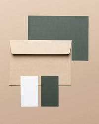 Green greeting cad, beige envelope, earth tone invitation card design