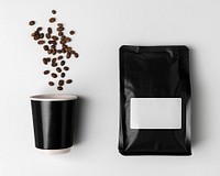 Minimal coffee bag and paper cup, product packaging, flat lay design