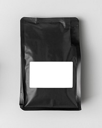 Black coffee bag, blank label, product packaging, flat lay design