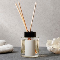 Reed diffuser bottle with blank white label, home spa aromatherapy