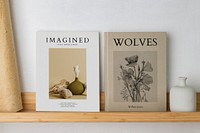 Books on wooden shelf, minimal home decor