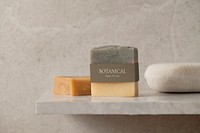 Organic bar soap, on bathroom shelf