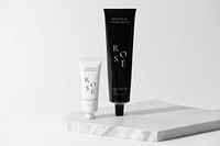 Botanical hand cream, minimal skincare tube, on marble product stand