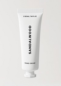 Sandalwood hand cream, white tube, simple skincare packaging design