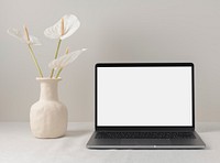 Blank laptop computer screen, modern home interior decor