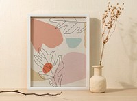 Aesthetic line art, abstract botanical design on a picture frame, beige home decor
