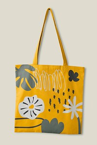 Canvas tote bag, yellow printed floral pattern, realistic design