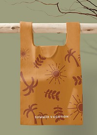 Canvas tote bag, brown printed tropical pattern, realistic design