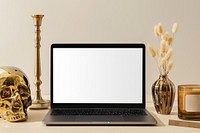 Aesthetic workspace, blank laptop screen