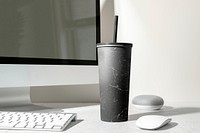 Black tumbler cup, abstract product in aesthetic workspace