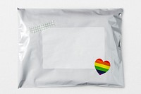 White mailer bag, rainbow heart sticker, shipping packaging design