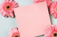 Blank pink card, daisies flat lay design