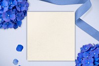 Blank white card flat lay, blue hydrangea design
