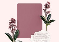 Blank red card, flower collage, flat lay design