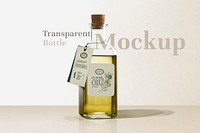 Olive oil label mockup psd, clear glass bottle