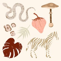 Exotic animal stickers, aesthetic earthy collage elements vector set