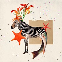 Retro zebra illustration digital note, surreal hybrid animal scrapbook collage art element vector