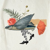 Fish illustration, animal collage scrapbook mixed media artwork psd