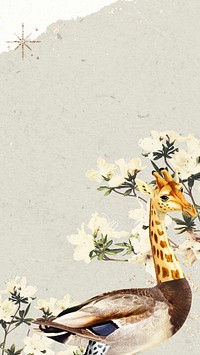 Giraffe ostrich iPhone wallpaper, editable vintage surreal collage scrapbook artwork