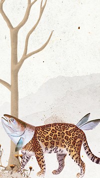 Leopard with fish head iPhone wallpaper, vintage surreal collage scrapbook artwork background