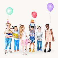 Party diverse kids, birthday celebration, watercolor illustration vector