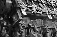 Motor, engine, detail in black and white photo, free public domain CC0 image.