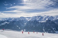 Free mountain landscape during winter with people skiing photo, public domain nature CC0 image.