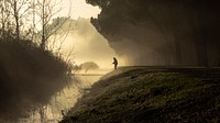 Free person lake fishing, silhouette photo, public domain CC0 image.