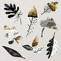 Abstract leaf nature clipart, gold foil design vector set