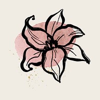 Flower collage element, black lily line art on pink brushstroke psd