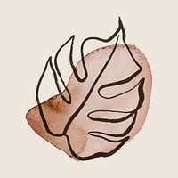 Leaf collage element, simple line art on watercolor brushstroke psd