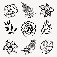 Botanical collage elements, flowers and leaves black line art, simple illustration set vector