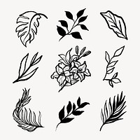 Botanical collage elements, flowers and leaves black line art, simple illustration set vector