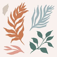 Leaf collage stickers, botanical pastel line drawing, simple illustration set vector
