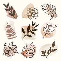 Botanical watercolor stickers, aesthetic line art, rose gold illustration set vector